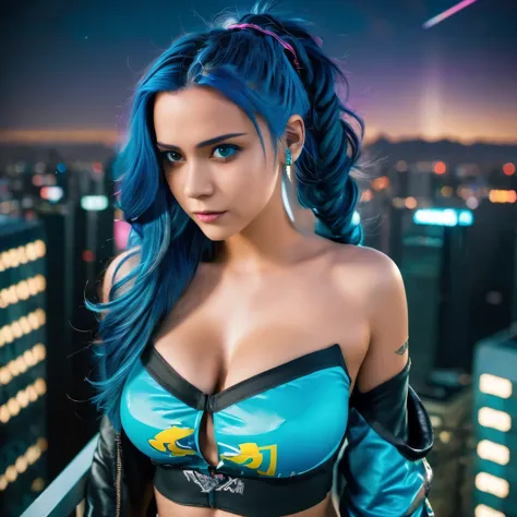 (masterpiece), best quality, ultra high res,, cyberpunk 1girl flying above stunning cityscape ,hoodie,blue hair,  neon color sho...