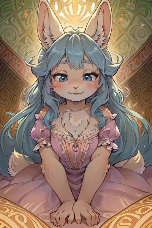 (Alphonse Mucha style:1.2) , hairy bunny mom , (realistic hairy bunny fur:1.5) , round face , (tilt face:1.2) , (half-open eyes:1.5) , moist round eyes , Swollen cheeks , Seduction smile , glossy lips , Curly hair , princess dress , Alice in Wonderland , twilight , Adorable gestures , dynamic angle , nag factor , Gently guide , labyrinth , can not stand it any longer