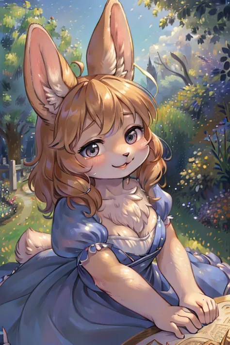 (Renoir style:1.2) , hairy bunny mom , (realistic hairy bunny fur:1.5) , round face , (tilt face:1.2) , (half-open eyes:1.5) , m...