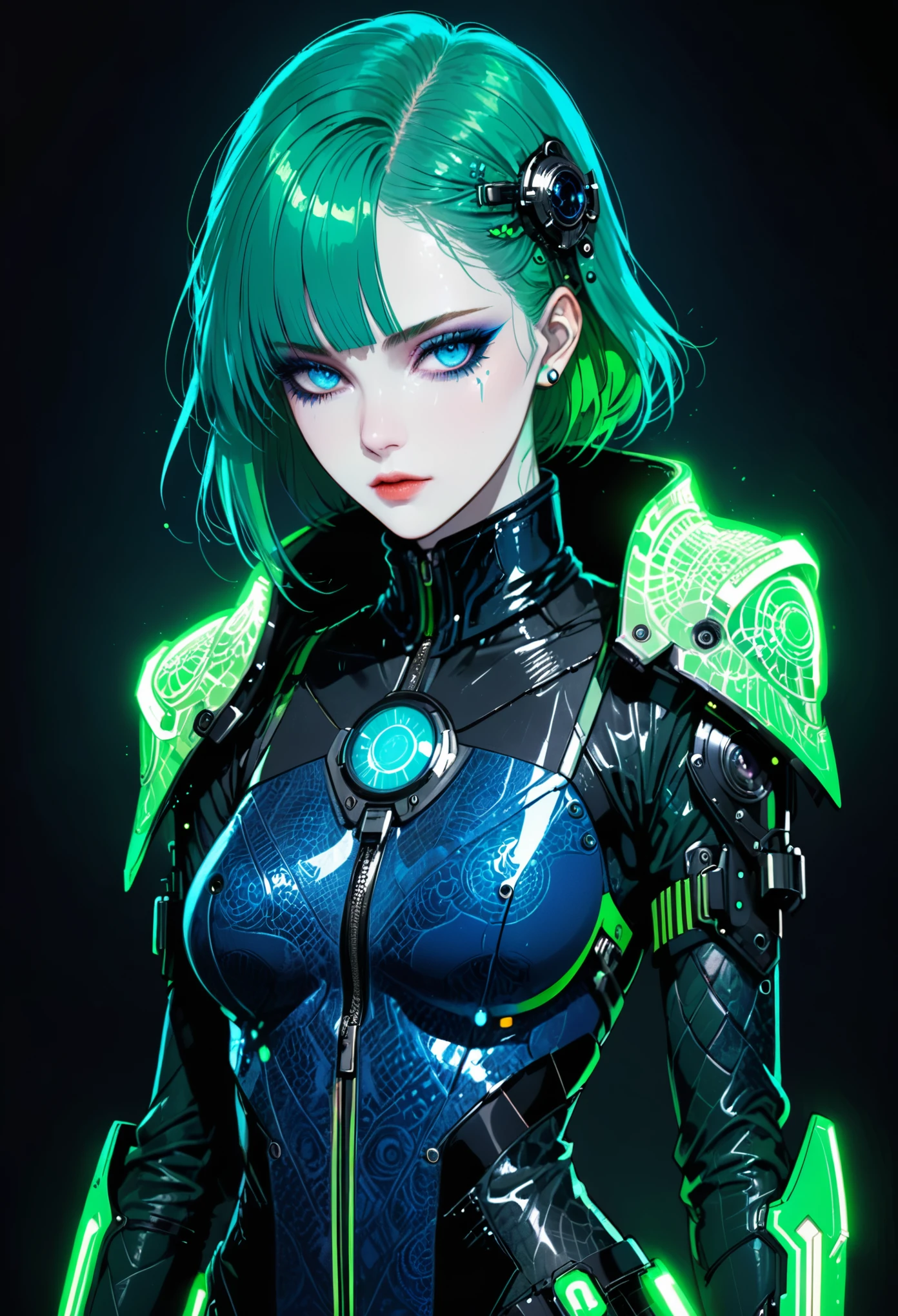(in style of Harry Clarke:0.8),Character concept design,Cyberpunk style female character，Details: glowing dodgerblue eyes，Textured Skin，lawngreen Gorgeous Clothing