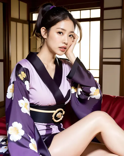 (Flower pattern kimono, Webbing, Complex red purple:1.4),
((highest quality, 8k, masterpiece: 1.3)), Perfect body beauty: 1.4, (...