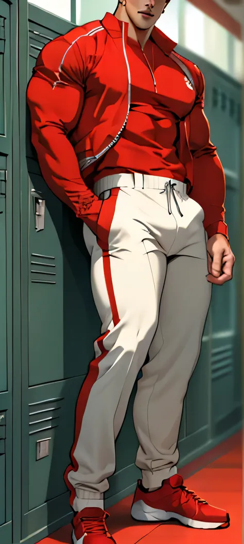 (masterpiece, best quality ), 1man, muscular, short hair, brown eyes, intricate, (locker room) , full body, white baseball unifo...