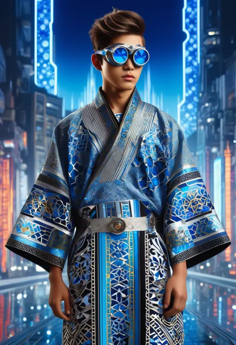 (high quality), (masterpiece), (detailed), 8k, hyper-realistic illustration depicts (japanese boy1.3) adorned in (intricately em...