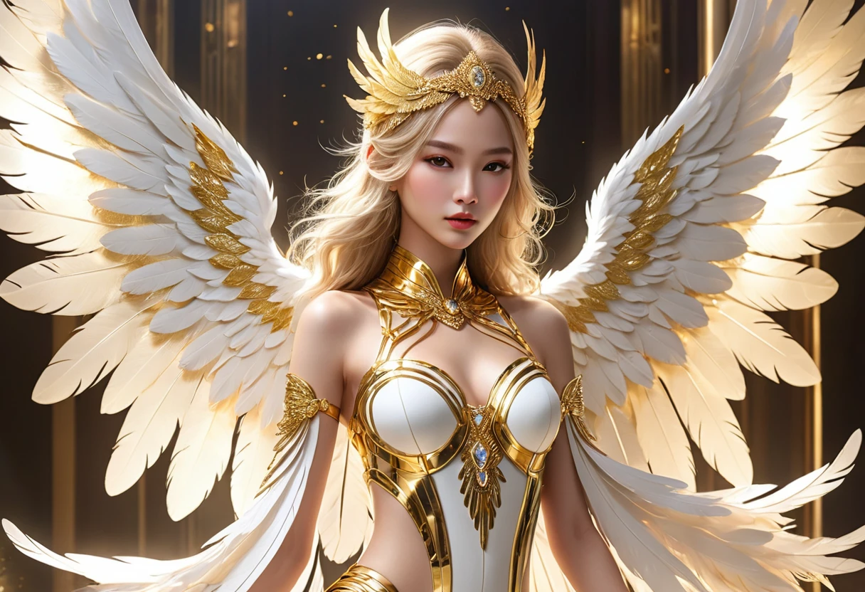 White and Gold, 电影照片whole body女性天使, Her appearance perfectly blends the ancient mystery. Have the face and style of a contemporary supermodel, She exudes a kind of cold and detached beauty, Giant angel feather wings, (masterpiece, best quality, great, Unity&#39;s highly detailed、8k wallpaper, Depth of Field, Super detailed illustrations:1.5)、3D, Extremely detailed, (whole body、Mechanical Elf Girl:1.3), sci-fi battlefield, hawken, Smile, open mouth, Short Ponytail, (white blonde, Deep blue eyes:1.2), Bright Eyes, Cute face, Kawaii, Large Breasts, Fine hair, Messy hair, (((Flying in the sky))、Blue sky, White Cloud), Shiny hair, Glowing skin, (Symmetrical mechanical wing、Metallic colored mechanical wings that are widely expanded to the left and right so that they protrude greatly from the screen, hat, White hair ornaments), (Light Particles, Movie Lighting: 1.3), (Thin pink lips: 0.8), 