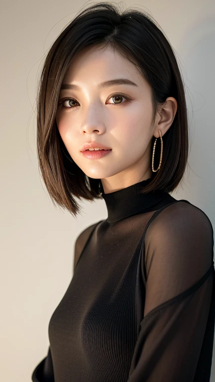 (((Close-up of face)))、(((Absolutely shoulder-length brown straight short bob)))、(((She is posing like a hair salon model, with a black wall indoors as the background.)))、(((Casual black winter long sleeves with shoulders covered)))、Half Japanese, half Korean、18 year old girl、Standing Alone、Looking forward、Light eye makeup、Brown Hair Color、Flat and 、Hair blowing in the wind、Actress Quality、Glossy, ultra-realistic face、Smiling face、Watery eyes、Gazing Up、Subtle lighting effects、 Ultra-Realistic Capture、Very detailed、High resolution 16K close up of human skin。Skin texture must be natural、The details must be such that pores can be clearly seen、The skin is healthy、Uniform tone、Use natural light and colors、A worn-out, high-quality photo taken by a model agency&#39;s in-house photographer.、smile、(((SIGMA 300 mm F/1.4,1/1000 sec shutter,ISO 400))) 