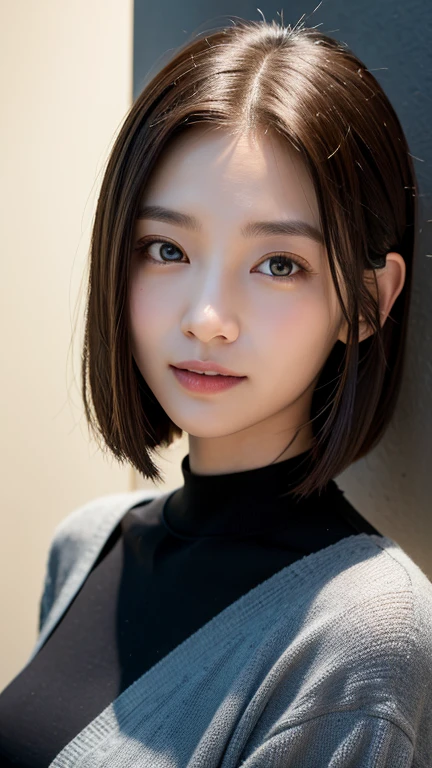 (((Close-up of face)))、(((Absolutely shoulder-length brown straight short bob)))、(((She is posing like a hair salon model, with a black wall indoors as the background.)))、(((Casual black winter long sleeves with shoulders covered)))、Half Japanese, half Korean、18 year old girl、Standing Alone、Looking forward、Light eye makeup、Brown Hair Color、Flat and 、Hair blowing in the wind、Actress Quality、Glossy, ultra-realistic face、Smiling face、Watery eyes、Gazing Up、Subtle lighting effects、 Ultra-Realistic Capture、Very detailed、High resolution 16K close up of human skin。Skin texture must be natural、The details must be such that pores can be clearly seen、The skin is healthy、Uniform tone、Use natural light and colors、A worn-out, high-quality photo taken by a model agency&#39;s in-house photographer.、smile、(((SIGMA 300 mm F/1.4,1/1000 sec shutter,ISO 400))) 