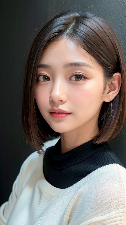 (((Close-up of face)))、(((Absolutely shoulder-length brown straight short bob)))、(((She is posing like a hair salon model, with a black wall indoors as the background.)))、(((Casual black winter long sleeves with shoulders covered)))、Half Japanese, half Korean、18 year old girl、Standing Alone、Looking forward、Light eye makeup、Brown Hair Color、Flat and 、Hair blowing in the wind、Actress Quality、Glossy, ultra-realistic face、Smiling face、Watery eyes、Gazing Up、Subtle lighting effects、 Ultra-Realistic Capture、Very detailed、High resolution 16K close up of human skin。Skin texture must be natural、The details must be such that pores can be clearly seen、The skin is healthy、Uniform tone、Use natural light and colors、A worn-out, high-quality photo taken by a model agency&#39;s in-house photographer.、smile、(((SIGMA 300 mm F/1.4,1/1000 sec shutter,ISO 400))) 