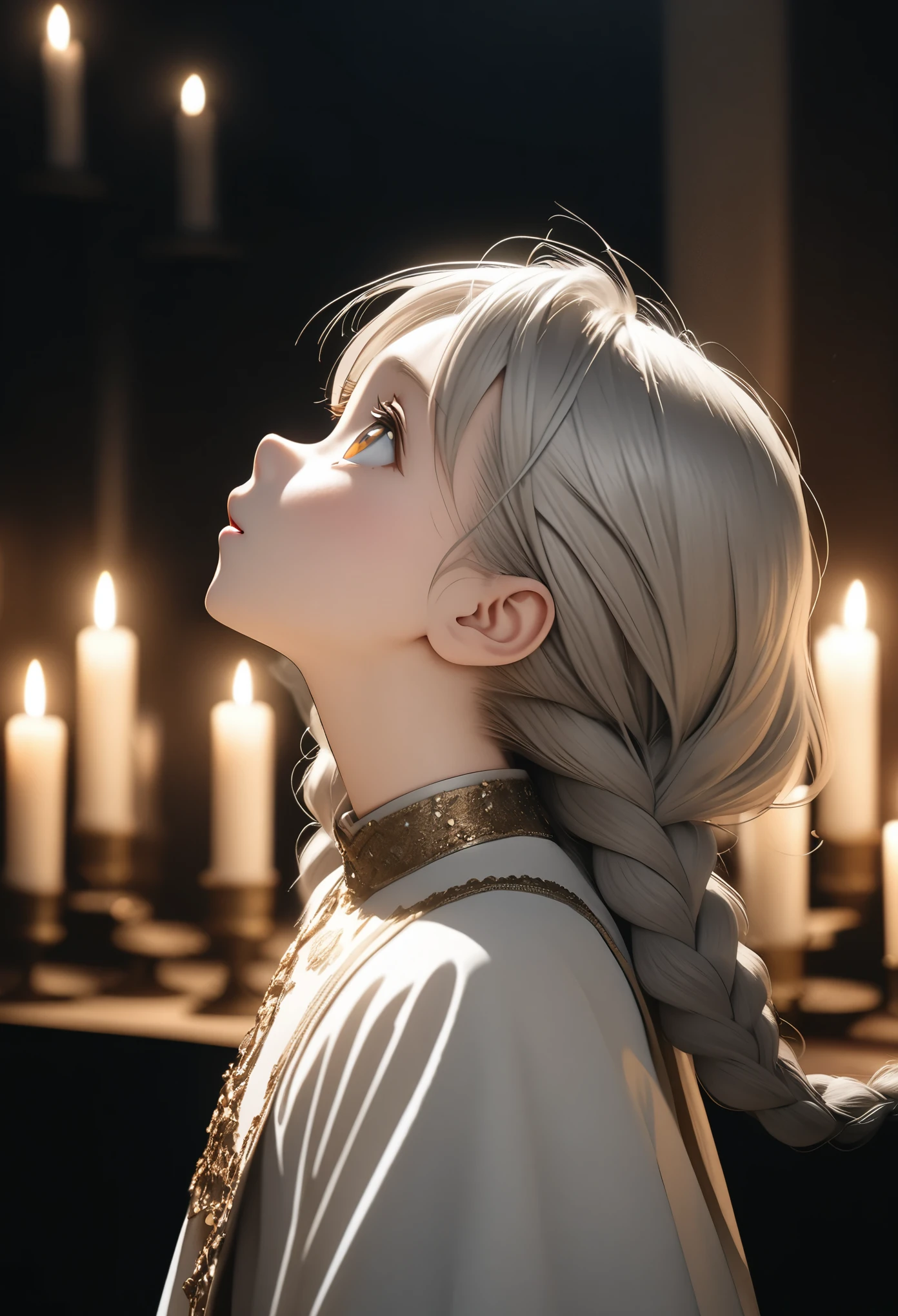 ((Masterpiece)), (Anime:1.3), ((best quality)), (RAW photo: 1.2), (High Definition:1.3), (Professional Photography:1.2), (12 years old), profile, silver hair, gold eyes, Gorgeous white clothes, (looking up:1.3), upper body, Fair skin, soft braids, (faint candlelight), hairs in the air,