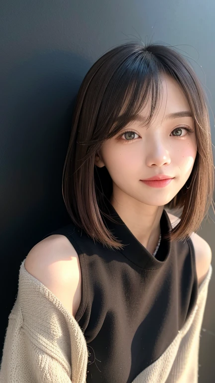 (((Close-up of face)))、(((Absolutely shoulder-length brown straight short bob)))、(((She is posing like a hair salon model, with a black wall indoors as the background.)))、(((Casual black winter long sleeves with shoulders covered)))、Half Japanese, half Korean、18 year old girl、Standing Alone、Looking forward、Light eye makeup、Brown Hair Color、Flat and 、Hair blowing in the wind、Actress Quality、Glossy, ultra-realistic face、Smiling face、Watery eyes、Gazing Up、Subtle lighting effects、 Ultra-Realistic Capture、Very detailed、High resolution 16K close up of human skin。Skin texture must be natural、The details must be such that pores can be clearly seen、The skin is healthy、Uniform tone、Use natural light and colors、A worn-out, high-quality photo taken by a model agency&#39;s in-house photographer.、smile、(((SIGMA 300 mm F/1.4,1/1000 sec shutter,ISO 400))) 