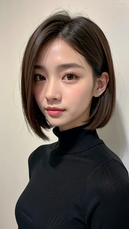 (((Close-up of face)))、(((Absolutely shoulder-length brown straight short bob)))、(((She is posing like a hair salon model, with ...