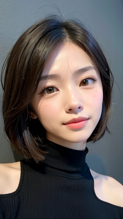 (((Close-up of face)))、(((Absolutely shoulder-length brown straight short bob)))、(((She is posing like a hair salon model, with a black wall indoors as the background.)))、(((Casual black winter long sleeves with shoulders covered)))、Half Japanese, half Korean、18 year old girl、Standing Alone、Looking forward、Light eye makeup、Brown Hair Color、Flat and 、Hair blowing in the wind、Actress Quality、Glossy, ultra-realistic face、Smiling face、Watery eyes、Gazing Up、Subtle lighting effects、 Ultra-Realistic Capture、Very detailed、High resolution 16K close up of human skin。Skin texture must be natural、The details must be such that pores can be clearly seen、The skin is healthy、Uniform tone、Use natural light and colors、A worn-out, high-quality photo taken by a model agency&#39;s in-house photographer.、smile、(((SIGMA 300 mm F/1.4,1/1000 sec shutter,ISO 400))) 