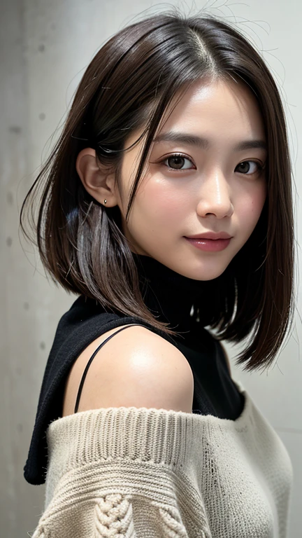 (((Close-up of face)))、(((Absolutely shoulder-length brown straight short bob)))、(((She is posing like a hair salon model, with a black wall indoors as the background.)))、(((Casual black winter long sleeves with shoulders covered)))、Half Japanese, half Korean、18 year old girl、Standing Alone、Looking forward、Light eye makeup、Brown Hair Color、Flat and 、Hair blowing in the wind、Actress Quality、Glossy, ultra-realistic face、Smiling face、Watery eyes、Gazing Up、Subtle lighting effects、 Ultra-Realistic Capture、Very detailed、High resolution 16K close up of human skin。Skin texture must be natural、The details must be such that pores can be clearly seen、The skin is healthy、Uniform tone、Use natural light and colors、A worn-out, high-quality photo taken by a model agency&#39;s in-house photographer.、smile、(((SIGMA 300 mm F/1.4,1/1000 sec shutter,ISO 400))) 