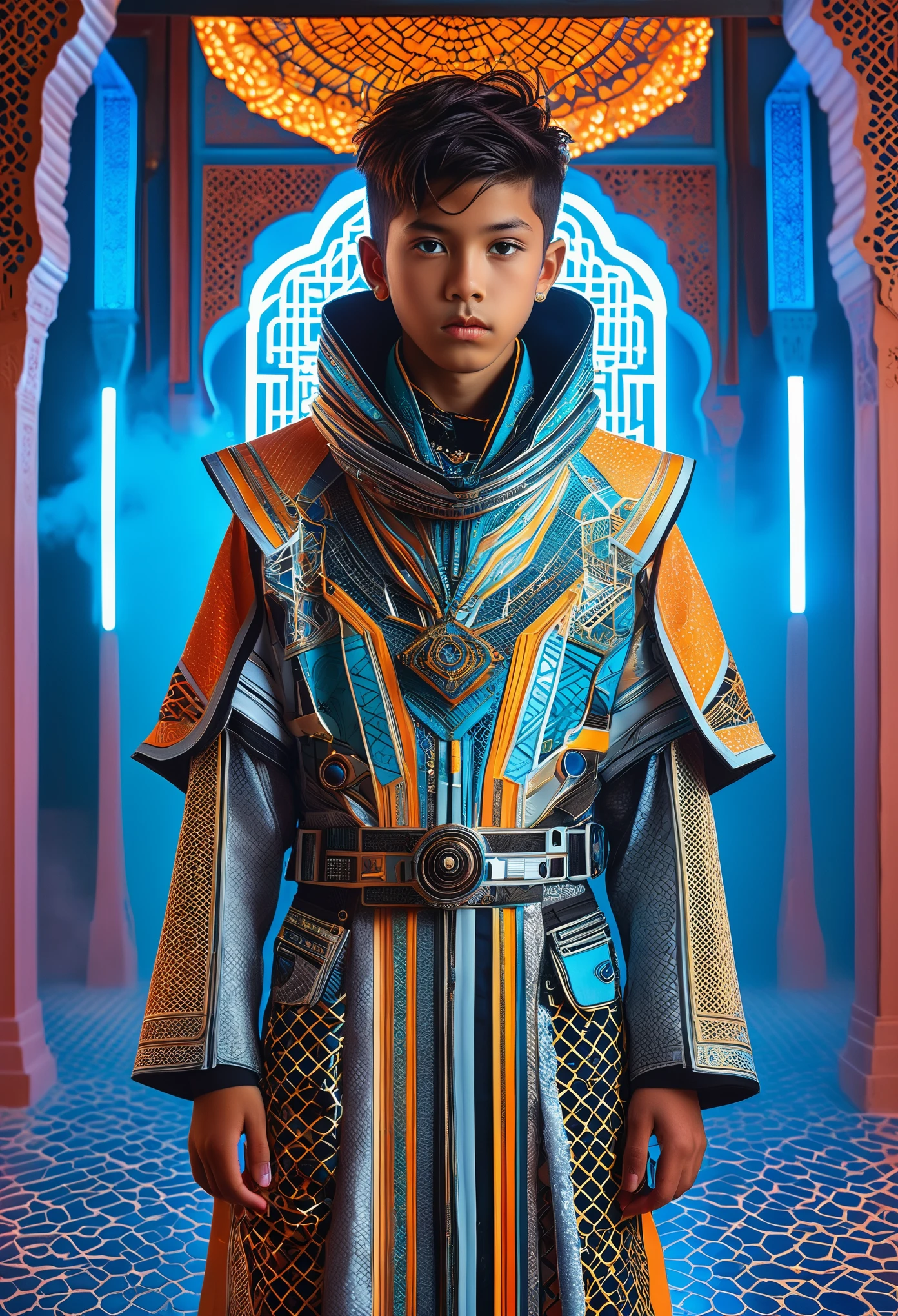 Highly detailed, hyper-realistic portrait of a young Japanese boy, wearing intricate, futuristic fantasy clothes inspired by Moroccan and Tunisian cultures, by Ash Thorp and Simon Stalenhag, vibrant colors, neon lights, subtle mist, modern architecture, Marrakech and Tunisian riad-inspired background, Canon EOS R5, ƒ 2.2, 24 mm, 8k, medium-format print, intricate textures, subtle facial expression, ornate patterns, metallic accents.