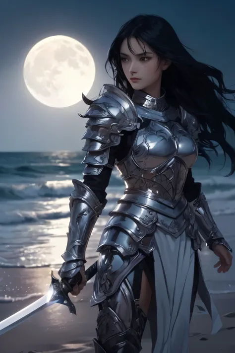 A beautiful woman. Black hair. She wears beautiful silver-white armor. She stands on the moonlit beach, holding a long sword. Sh...