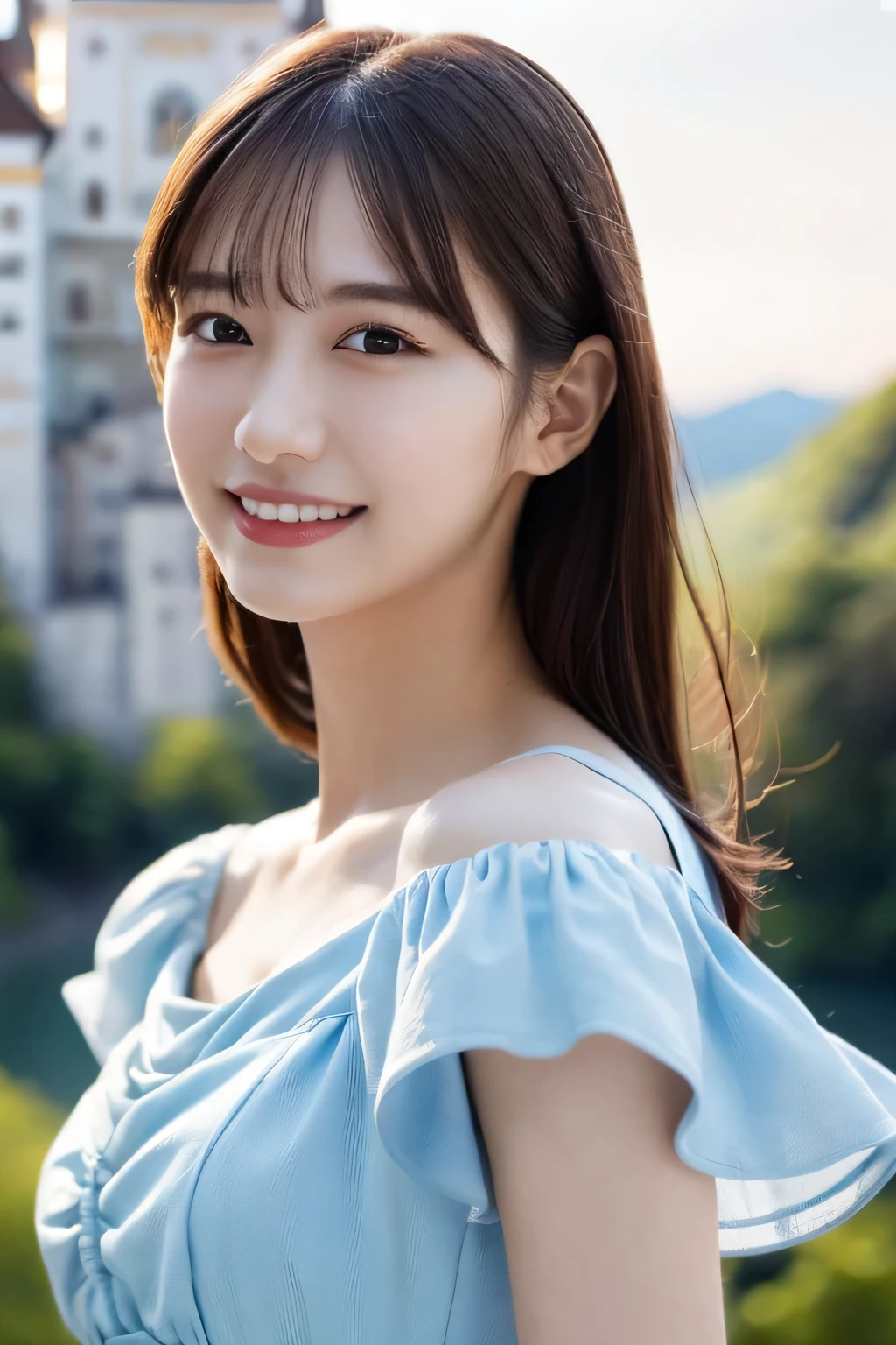 One Girl, (Wear a light blue dress:1.2), (Beautiful Japanese idol portrait photos),
(RAW Photos, highest quality), (Realistic, photo-Realistic:1.4), masterpiece, 8K Portrait,
Very delicate and beautiful, Very detailed, 2k wallpaper, wonderful, In detail, Very detailed CG unity 8k wallpaper, 
Very detailedな, High resolution, 
Soft Light, Beautiful detailed girl, Very detailed eyes and face, Beautiful and sophisticated nose, Beautiful details,
(Photo shoot at Neuschwanstein Castle:1.3), Cinema Lighting, 
Perfect Anatomy, Slender body, Small breasts, Semi-long hair, bangs, Bokeh, Dynamic Angle, A light smile,