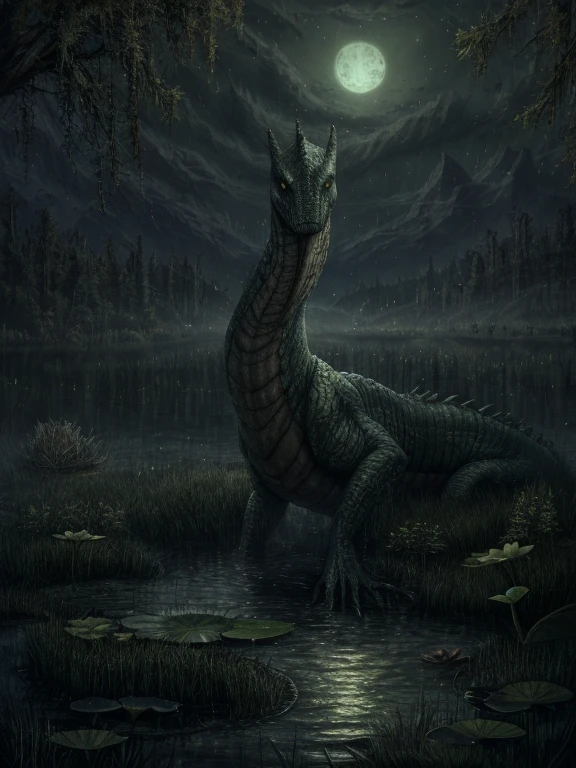Monstruo del lago Ness，noche，dark swamp（antecedentes detallados:1.2),alto detalle,Sauce bajo ，Niebla tóxica verde，loto，Agua negra y turbia。