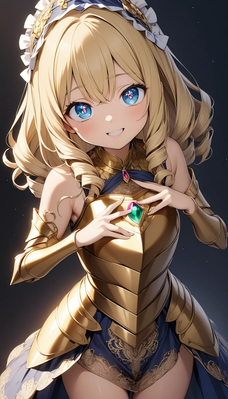 masterpiece, best quality, extremely detailed, high resolution, Japanese anime,1girl, blonde hair, (medium length hair:1.4), side braid hair, curly hair, wavy hair, drill hair, curl outward hair, (blue eyes:1.5), (beautiful detailed eyes:1.4), laugh, 12 -year-old , 145cm tall, original character, fantasy, (black background:1.2), full body, beautiful fingers, standing, (gold lace armor dress:1.5), (bejeweled headdress:1.5) , shoot from front, looking at viewer &lt;lora:hairdetailer:1&gt; &lt;lora:eyecolle_rindou_v100:1&gt;,,,,