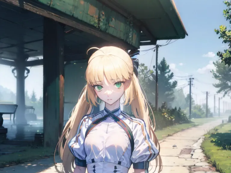 (lora:21stalenhag:1),(((artoria caster )))\(fgo\),((blonde hair,a cowlick,pigtails,green eyes)),super detailed eyes,looking at t...