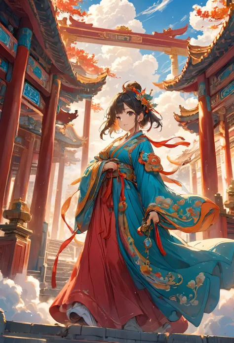 (masterpiece, best quality:1.2), see_style,1 person,girl,cloud,Temple,Chinese sword,cartoon