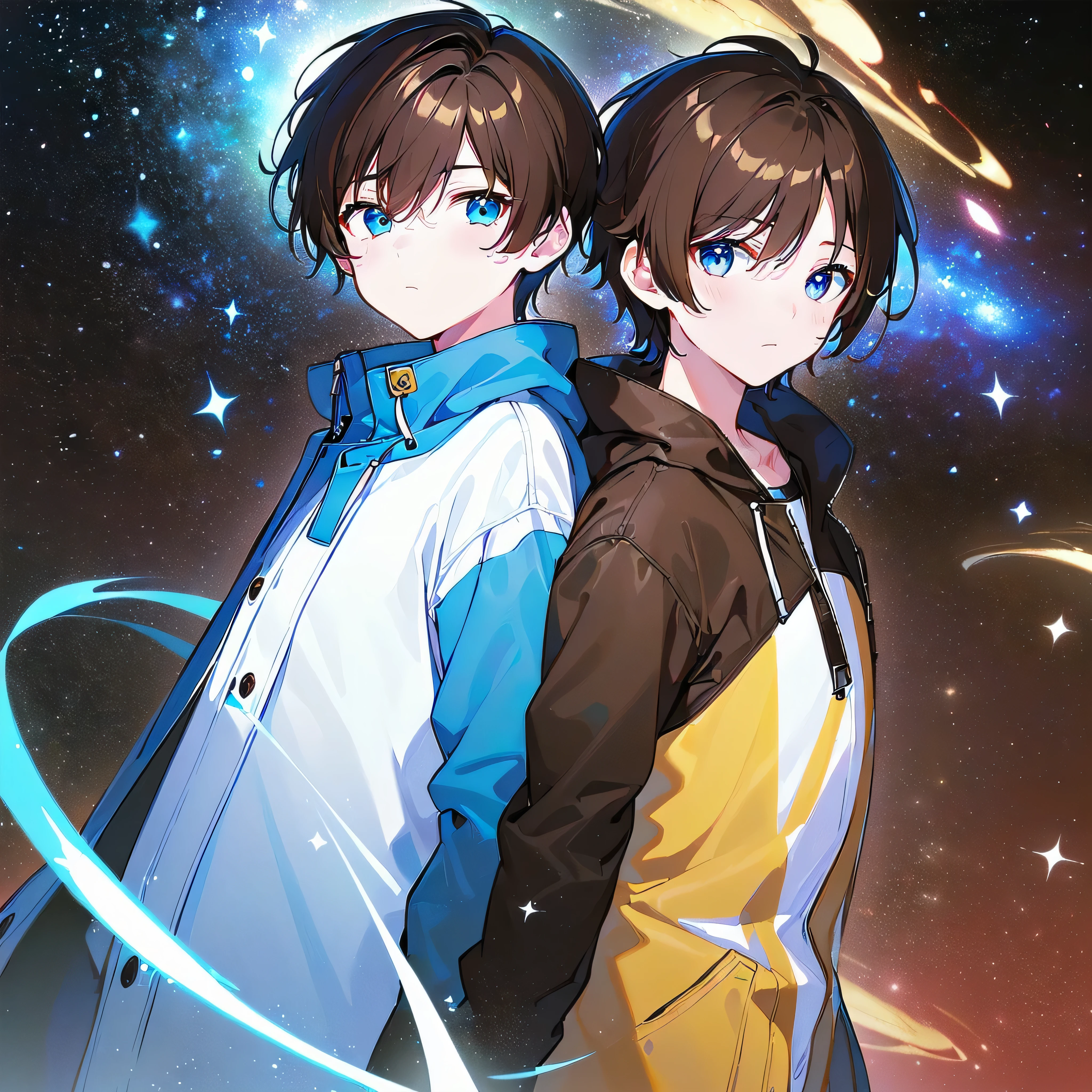 [(ATMOSPHERE GALAXY:1.5),::5], ((((masterpiece)))), high quality, very_high_resolution, large_filesize, full color, ((younger boy)), 13 old year, ((men's short brown hair)), vivid color, ((Blue eye)), Parka, (upper body), ((flying The GALAXY)), (star effect), anime style