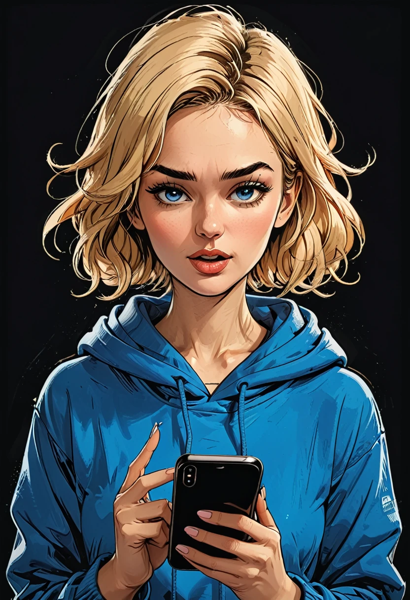 portrait of a girl in Blue oversized hoodie looks in a smartphone, smartphone in hand, hand holding smartphone, mouth open, looks in and talking next to smartphone,
simple black background, Profile Angle,
(blue eyes pointing down) at smartphone,
adult, [Nordic], Hourglass body, perfect Olive skin, Oval Face, Long neck, Rounded shoulders, perfect hand, Attached Pointed ears, round forehead, (Short blonde Waves pixie hair), snub nose, Arched eyebrows, High Round Narrow cheekbones, Dimpled Cheeks, Rounded Chin, Rounded Jawline, Fine Puppet Wrinkles, Full nude Lips, Nude Makeup Look, long eyelashes, third breast size, 
 graphic style of novel comics, perfect hands, 2d, 8k, hyperrealism, masterpiece, high resolution, best quality, ultra-detailed, super realistic, Hyperrealistic art, high-quality, ultra high res, highest detailed, lot of details, Extremely high-resolution details, incredibly lifelike, colourful, soft cinematic light,