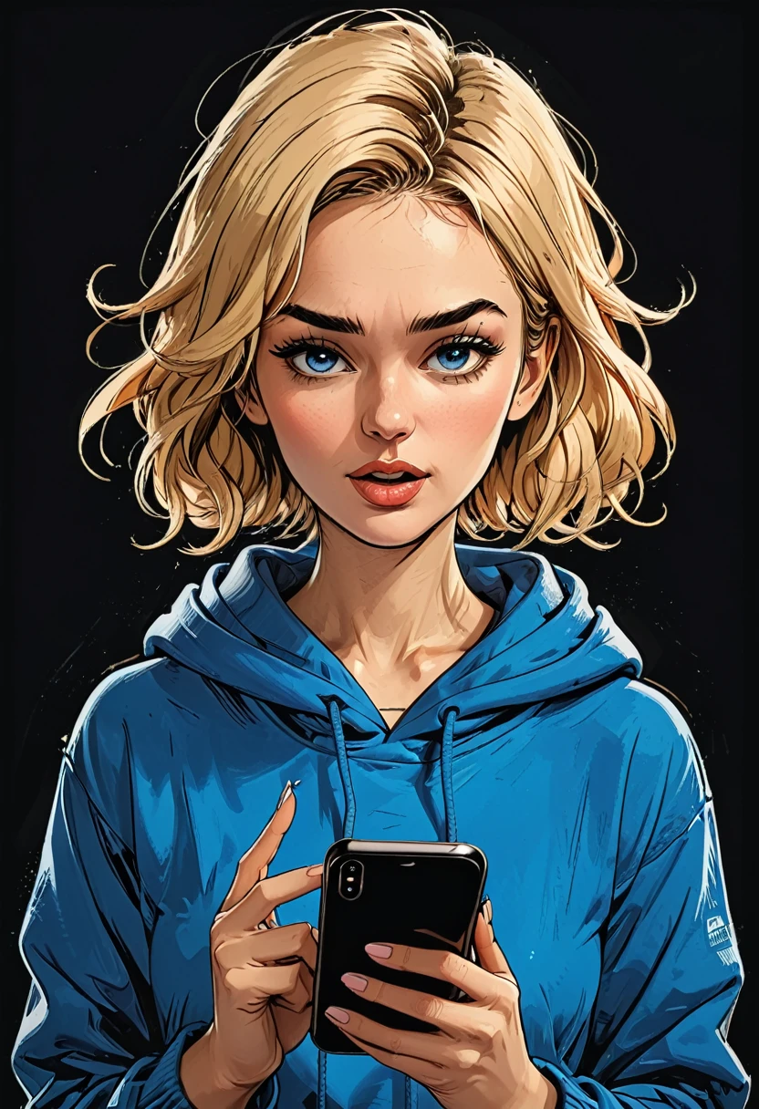 Retrato de una niña con una sudadera azul de gran tamaño que mira desde un teléfono inteligente, teléfono inteligente en la mano, mano sosteniendo teléfono inteligente, boca abierta, Mira y habla junto al teléfono inteligente,
fondo negro sencillo, ángulo de perfil,
(ojos azules apuntando hacia abajo) En el teléfono inteligente,
Adulto, [nórdico], cuerpo de reloj de arena, piel de oliva perfecta, cara ovalada, cuello largo, Hombros redondeados, mano perfecta, Orejas puntiagudas adjuntas., frente redonda, (Pelo corto rubio con ondas de duendecillo), nariz chata, cejas arqueadas, Pómulos altos, redondos y estrechos., mejillas con hoyuelos, barbilla redondeada, mandíbula redondeada, Arrugas finas de marioneta, Labios desnudos completos, Look de maquillaje desnudo, Pestañas largas, Tercer tamaño de seno, 
 estilo gráfico de cómics novedosos, mano perfectas, 2D, 8K, hyperrealism, obra maestra, Alta resolución, mejor calidad, ultra detallado, Súper realista, Arte hiperrealista, Alta calidad, resolución ultraalta, más detallado, muchos detalles, Detalles de extremadamente alta resolución, increíblemente realista, vistoso, luz cinematográfica suave,