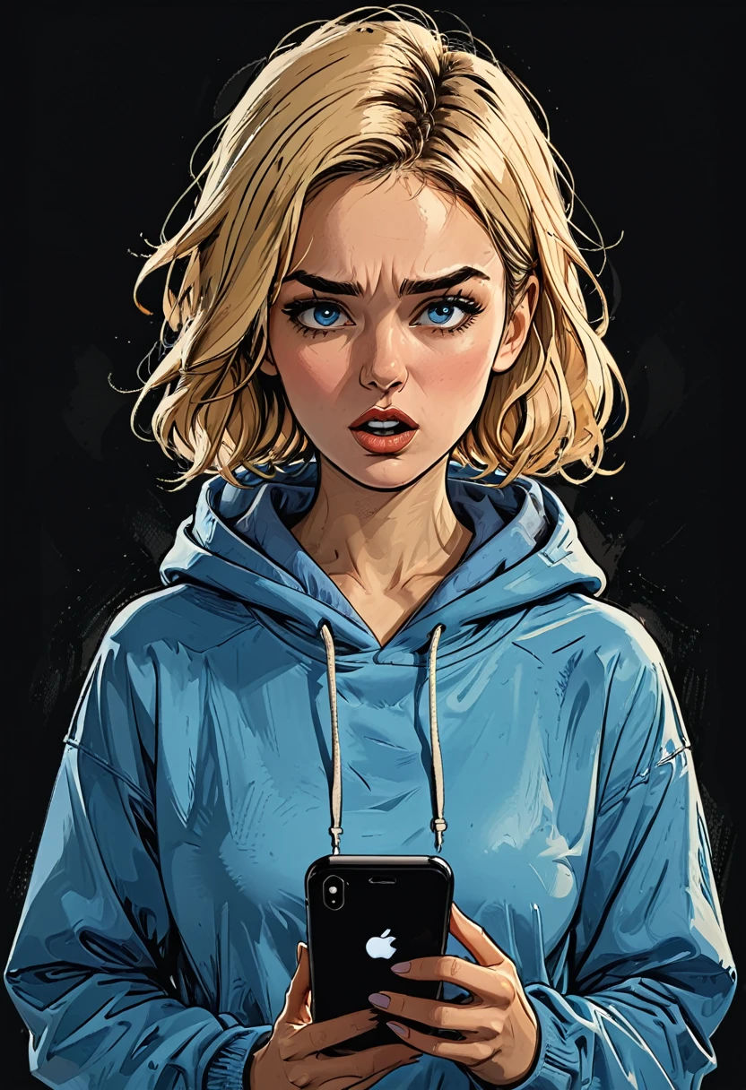 portrait of a girl in Blue oversized hoodie looks in a smartphone, smartphone in hand, hand holding smartphone, mouth open, looks in and talking next to smartphone, upset,
simple black background, Profile Angle,
(blue eyes pointing down) at smartphone,
adult, [Nordic], Hourglass body, perfect Olive skin, Oval Face, Long neck, Rounded shoulders, perfect hand, Attached Pointed ears, round forehead, (Short blonde Waves pixie hair), snub nose, Arched eyebrows, High Round Narrow cheekbones, Dimpled Cheeks, Rounded Chin, Rounded Jawline, Fine Puppet Wrinkles, Full nude Lips, Nude Makeup Look, long eyelashes, third breast size, 
 graphic style of novel comics, perfect hands, 2d, 8k, hyperrealism, masterpiece, high resolution, best quality, ultra-detailed, super realistic, Hyperrealistic art, high-quality, ultra high res, highest detailed, lot of details, Extremely high-resolution details, incredibly lifelike, colourful, soft cinematic light,