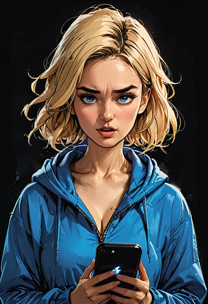 portrait of a girl in Blue oversized hoodie looks in a smartphone, smartphone in hand, hand holding smartphone, mouth open, looks in and talking next to smartphone, upset,
simple black background, Profile Angle,
(blue eyes pointing down) at smartphone,
adult, [Nordic], Hourglass fitness body, perfect Olive skin, Oval Face, Long neck, Rounded shoulders, perfect hand, Attached Pointed ears, round forehead, (Short blonde Waves pixie hair), snub nose, Arched eyebrows, High Round Narrow cheekbones, Dimpled Cheeks, Rounded Chin, Rounded Jawline, Fine Puppet Wrinkles, Full nude Lips, Nude Makeup Look, long eyelashes, third breast size, 
 graphic style of novel comics, perfect hands, 2d, 8k, hyperrealism, masterpiece, high resolution, best quality, ultra-detailed, super realistic, Hyperrealistic art, high-quality, ultra high res, highest detailed, lot of details, Extremely high-resolution details, incredibly lifelike, colourful, soft cinematic light,