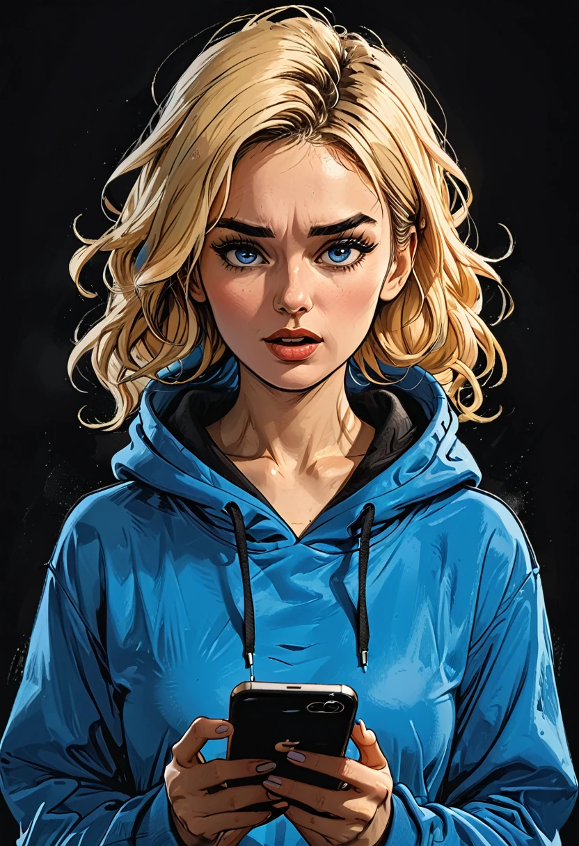 
side view portrait of a girl in Blue oversized hoodie looks in a smartphone, smartphone in hand, hand holding smartphone, mouth open, looks in and talking next to smartphone, upset,
simple black background, Profile Angle,
(blue eyes pointing down) at smartphone,
adult, [Nordic], Hourglass fitness body, perfect Olive skin, Oval Face, Long neck, Rounded shoulders, perfect hand, Attached Pointed ears, round forehead, (Short blonde Waves pixie hair), snub nose, Arched eyebrows, High Round Narrow cheekbones, Dimpled Cheeks, Rounded Chin, Rounded Jawline, Fine Puppet Wrinkles, Full nude Lips, Nude Makeup Look, long eyelashes, third breast size, 
 graphic style of novel comics, perfect hands, 2d, 8k, hyperrealism, masterpiece, high resolution, best quality, ultra-detailed, super realistic, Hyperrealistic art, high-quality, ultra high res, highest detailed, lot of details, Extremely high-resolution details, incredibly lifelike, colourful, soft cinematic light,