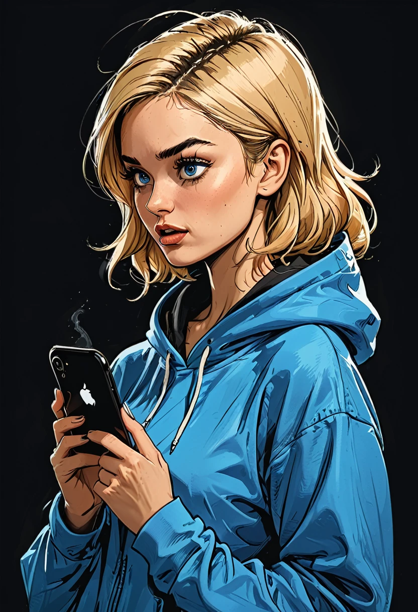 
side view portrait of a girl in Blue oversized hoodie looks in a smartphone, smartphone in hand, hand holding smartphone, mouth open, looks in and talking next to smartphone, upset,
simple black background, Profile Angle,
(blue eyes pointing down) at smartphone,
adult, [Nordic], Hourglass fitness body, perfect Olive skin, Oval Face, Long neck, Rounded shoulders, perfect hand, Attached Pointed ears, round forehead, (Short blonde Waves pixie hair), snub nose, Arched eyebrows, High Round Narrow cheekbones, Dimpled Cheeks, Rounded Chin, Rounded Jawline, Fine Puppet Wrinkles, Full nude Lips, Nude Makeup Look, long eyelashes, third breast size, 
 graphic style of novel comics, perfect hands, 2d, 8k, hyperrealism, masterpiece, high resolution, best quality, ultra-detailed, super realistic, Hyperrealistic art, high-quality, ultra high res, highest detailed, lot of details, Extremely high-resolution details, incredibly lifelike, colourful, soft cinematic light,