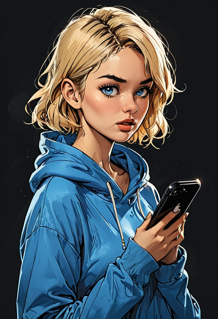 
side view portrait of a girl in Blue oversized hoodie looks in a smartphone, smartphone in hand, hand holding smartphone, mouth open, looks in and talking next to smartphone, upset,
simple black background, Profile Angle,
(blue eyes pointing down) at smartphone,
adult, [Nordic], Hourglass fitness body, perfect Olive skin, Oval Face, Long neck, Rounded shoulders, perfect hand, Attached Pointed ears, round forehead, (Short blonde Waves pixie hair), snub nose, Arched eyebrows, High Round Narrow cheekbones, Dimpled Cheeks, Rounded Chin, Rounded Jawline, Fine Puppet Wrinkles, Full nude Lips, Nude Makeup Look, long eyelashes, third breast size, 
 graphic style of novel comics, perfect hands, 2d, 8k, hyperrealism, masterpiece, high resolution, best quality, ultra-detailed, super realistic, Hyperrealistic art, high-quality, ultra high res, highest detailed, lot of details, Extremely high-resolution details, incredibly lifelike, colourful, soft cinematic light,