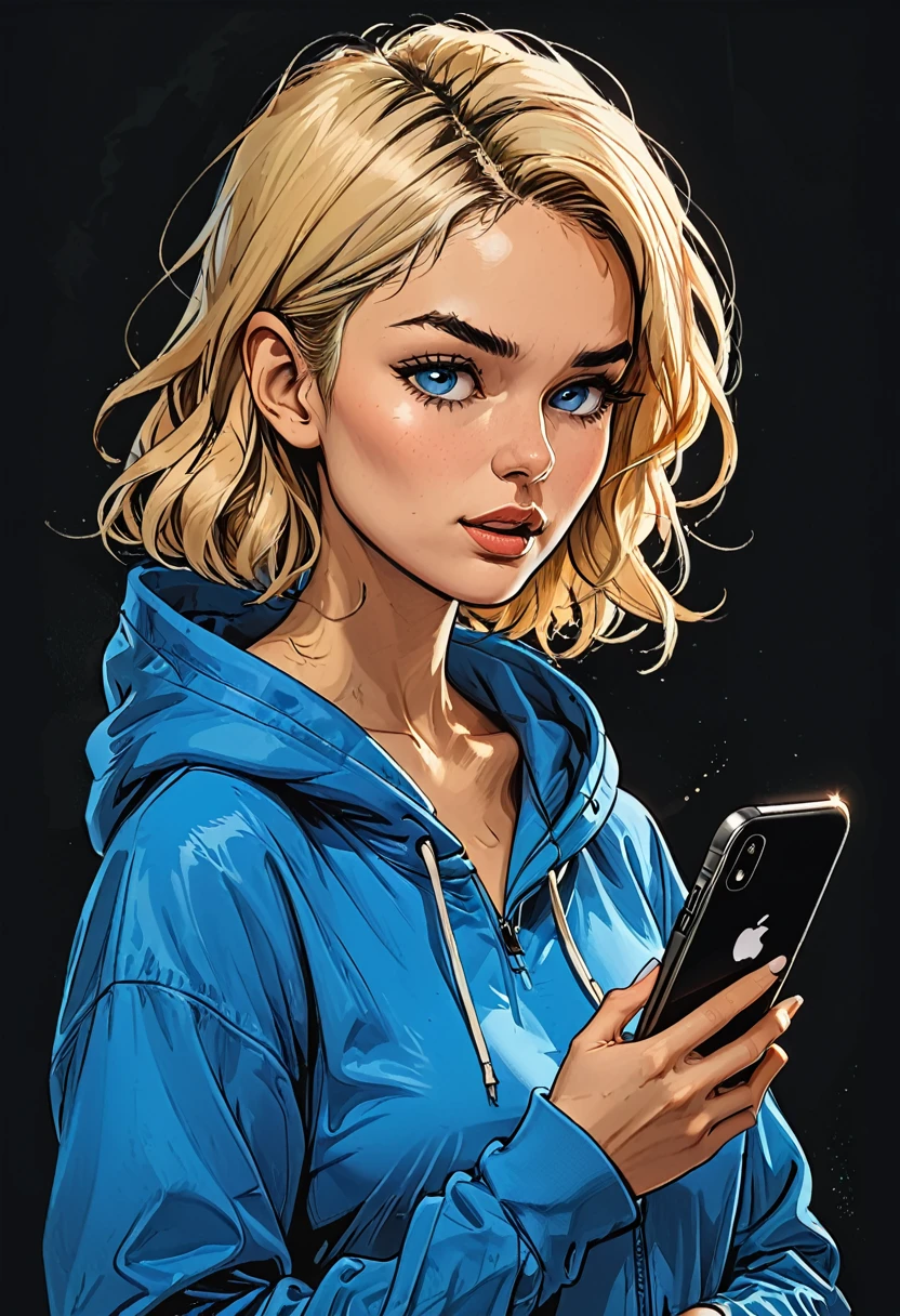 
side view portrait of a girl in Blue oversized hoodie looks in a smartphone, smartphone in hand, hand holding smartphone, mouth open, looks in and talking next to smartphone, upset,
simple black background, Profile Angle,
(blue eyes pointing down) at smartphone,
adult, [Nordic], Hourglass fitness body, perfect Olive skin, Oval Face, Long neck, Rounded shoulders, perfect hand, Attached Pointed ears, round forehead, (Short blonde Waves pixie hair), snub nose, Arched eyebrows, High Round Narrow cheekbones, Dimpled Cheeks, Rounded Chin, Rounded Jawline, Fine Puppet Wrinkles, Full nude Lips, Nude Makeup Look, long eyelashes, third breast size, 
 graphic style of novel comics, perfect hands, 2d, 8k, hyperrealism, masterpiece, high resolution, best quality, ultra-detailed, super realistic, Hyperrealistic art, high-quality, ultra high res, highest detailed, lot of details, Extremely high-resolution details, incredibly lifelike, colourful, soft cinematic light,