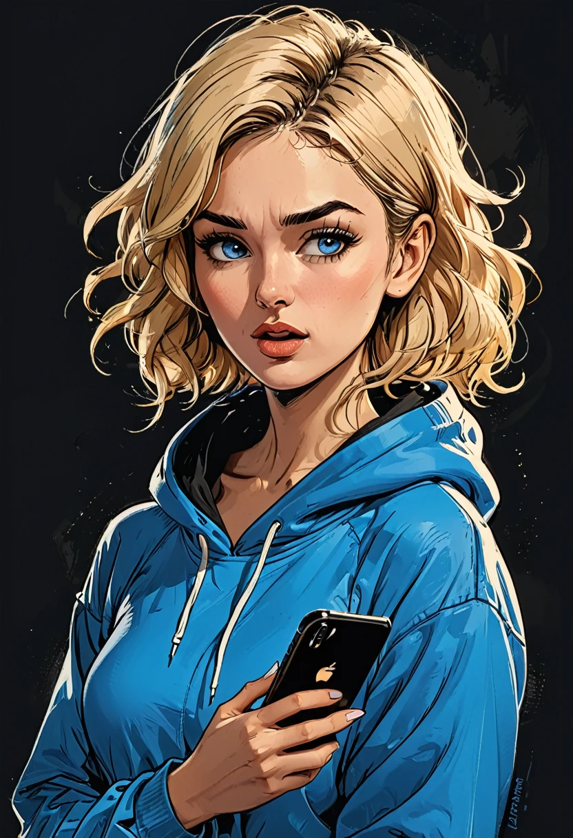 
side view portrait of a girl in Blue oversized hoodie looks in a smartphone, smartphone in hand, hand holding smartphone, mouth open, looks in and talking next to smartphone, upset,
simple black background, Profile Angle,
(blue eyes pointing down) at smartphone,
adult, [Nordic], Hourglass fitness body, perfect Olive skin, Oval Face, Long neck, Rounded shoulders, perfect hand, Attached Pointed ears, round forehead, (Short blonde Waves pixie hair), snub nose, Arched eyebrows, High Round Narrow cheekbones, Dimpled Cheeks, Rounded Chin, Rounded Jawline, Fine Puppet Wrinkles, Full nude Lips, Nude Makeup Look, long eyelashes, third breast size, 
 graphic style of novel comics, perfect hands, 2d, 8k, hyperrealism, masterpiece, high resolution, best quality, ultra-detailed, super realistic, Hyperrealistic art, high-quality, ultra high res, highest detailed, lot of details, Extremely high-resolution details, incredibly lifelike, colourful, soft cinematic light,