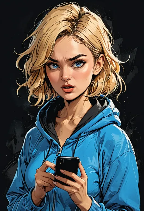
side view portrait of a girl in Blue oversized hoodie looks in a smartphone, smartphone in hand, hand holding smartphone, mouth...