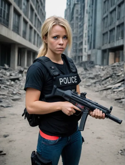 danish police 24 years old woman in post apocalyptic city, holding mp5, aiming with mp5, hkmp5 by brandon anschultz, ready to fi...