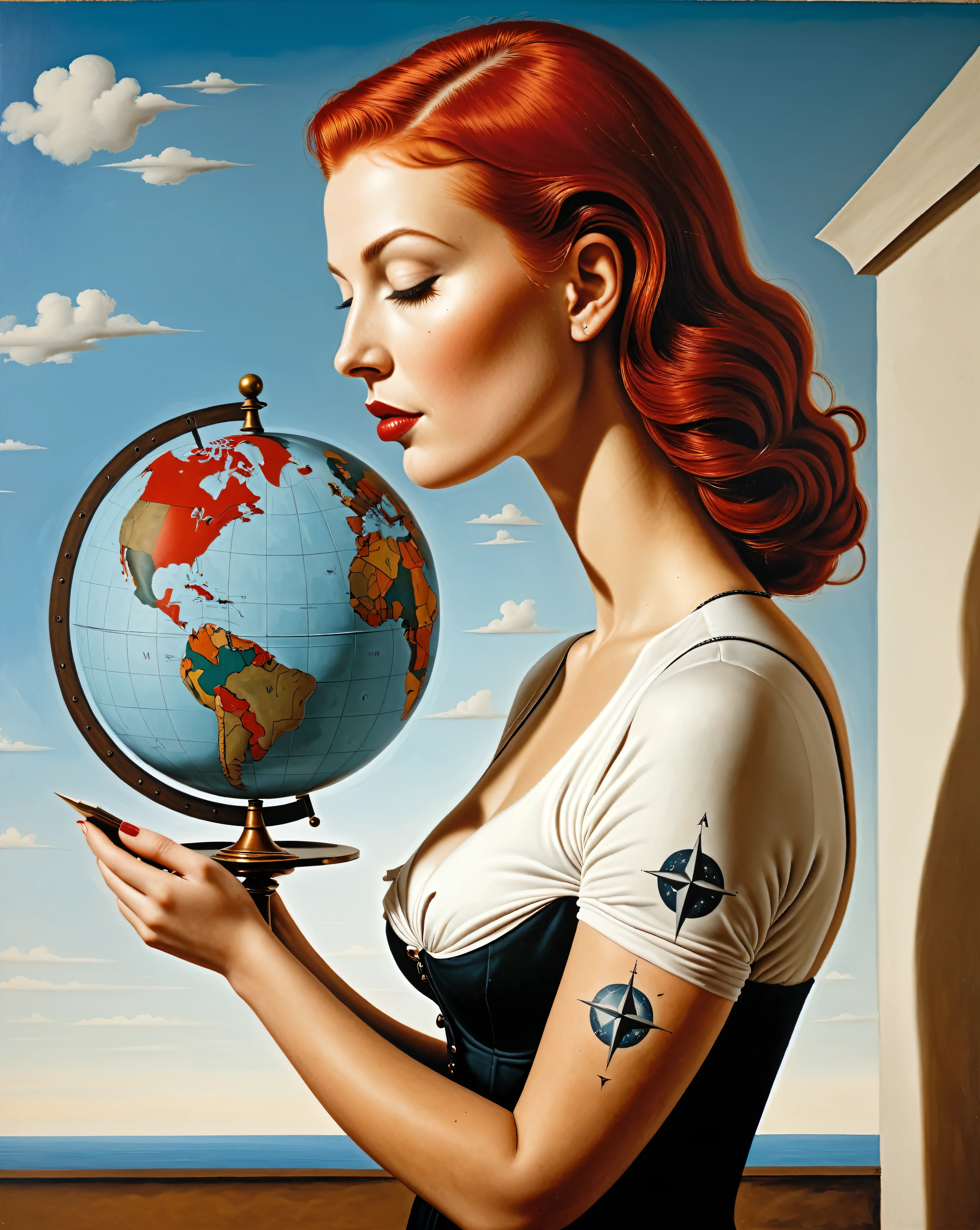 red haired white girl holding mapa-mundi globe, side view, she has a black compass tattoo on her forearm - surrealist style, surrealist artwrok, dream like, Salvador Dali style, Rene Magritte style, highly detailed, masterpiece, painting-like, HD