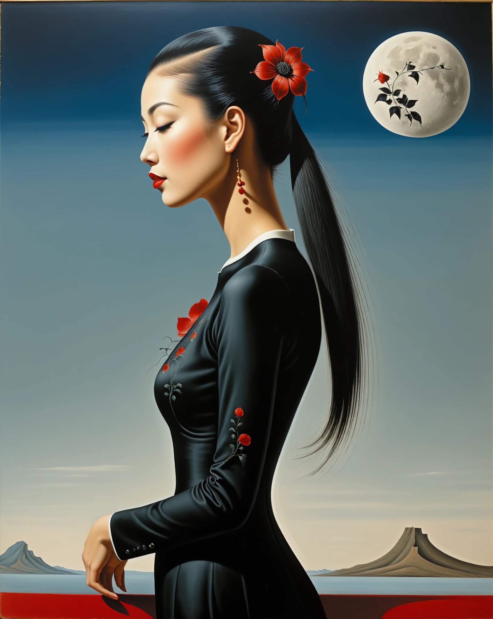 niña japonesa de perfil, Su cabello es largo y liso., tiene flequillo, ligeramente roja, tiene un tatuaje de flores negras en el antebrazo, su nombre es Luna - estilo surrealista, obra de arte surrealista, soñar como, estilo salvador dalí, estilo rené magritte, muy detallado, obra maestra, como pintura, alta definición