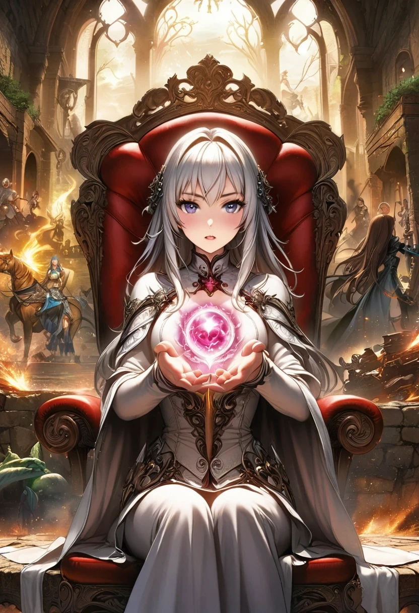 Menina do anime sentada na cadeira，magia na mão, Garota Alquimia, capa light novel, Arte oficial, capa de light novel épica, Arte oficialwork, epic capa light novel, mudar, Mundo diferente,  mudar, coroa de flores, Kushat, coroa de flores key art feminine, estilo shadowverso, Moe