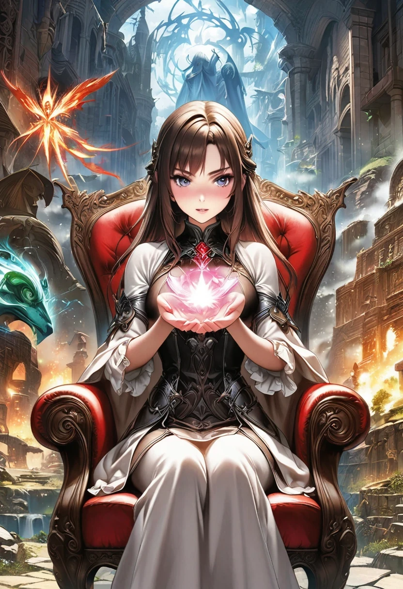 Menina do anime sentada na cadeira，magia na mão, Garota Alquimia, capa light novel, Arte oficial, capa de light novel épica, Arte oficialwork, epic capa light novel, mudar, Mundo diferente,  mudar, coroa de flores, Kushat, coroa de flores key art feminine, estilo shadowverso, Moe