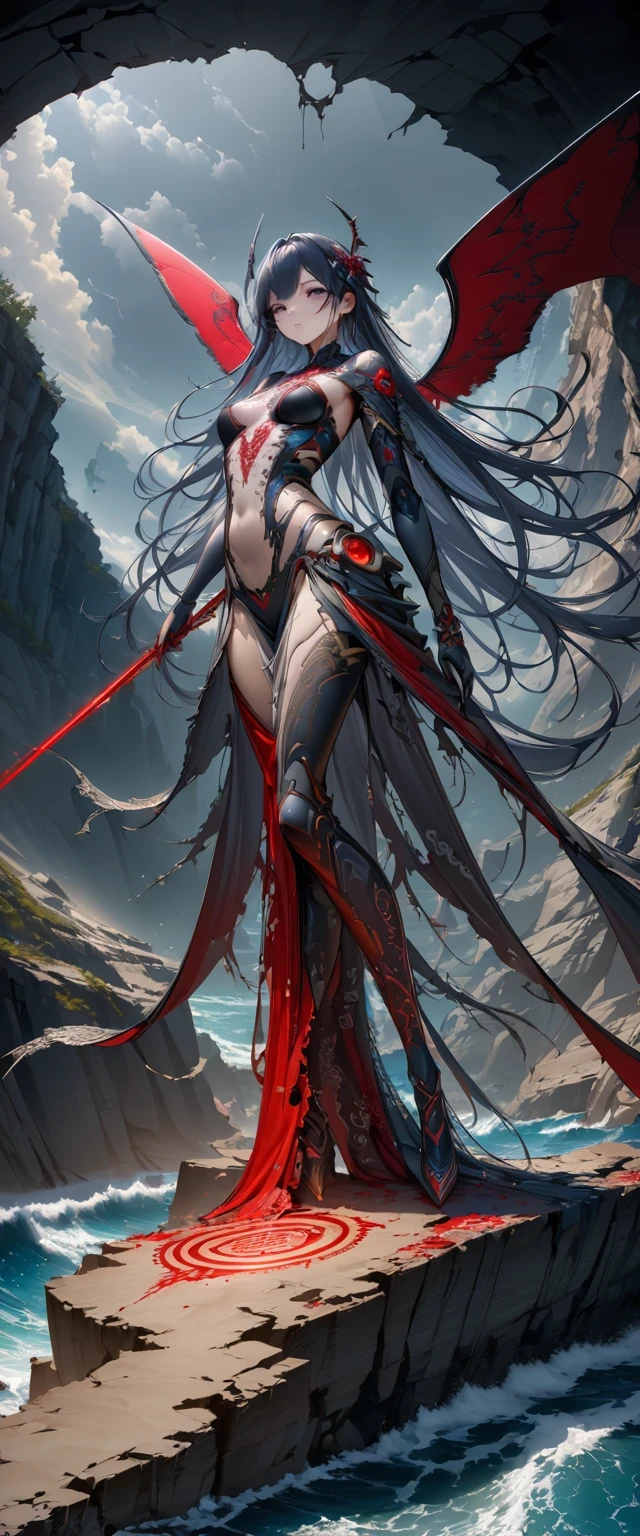 Black、White、Blue and Red,(best quality, Ultra Detailed, high resolution, Extremely detailed CG),Wide-angle lens,Dead angel standing on the edge of a cliff,She is very pretty,She likes blood and the ocean,Blood Rain, mystery,Fanatic, magic circle, Surreal,fine