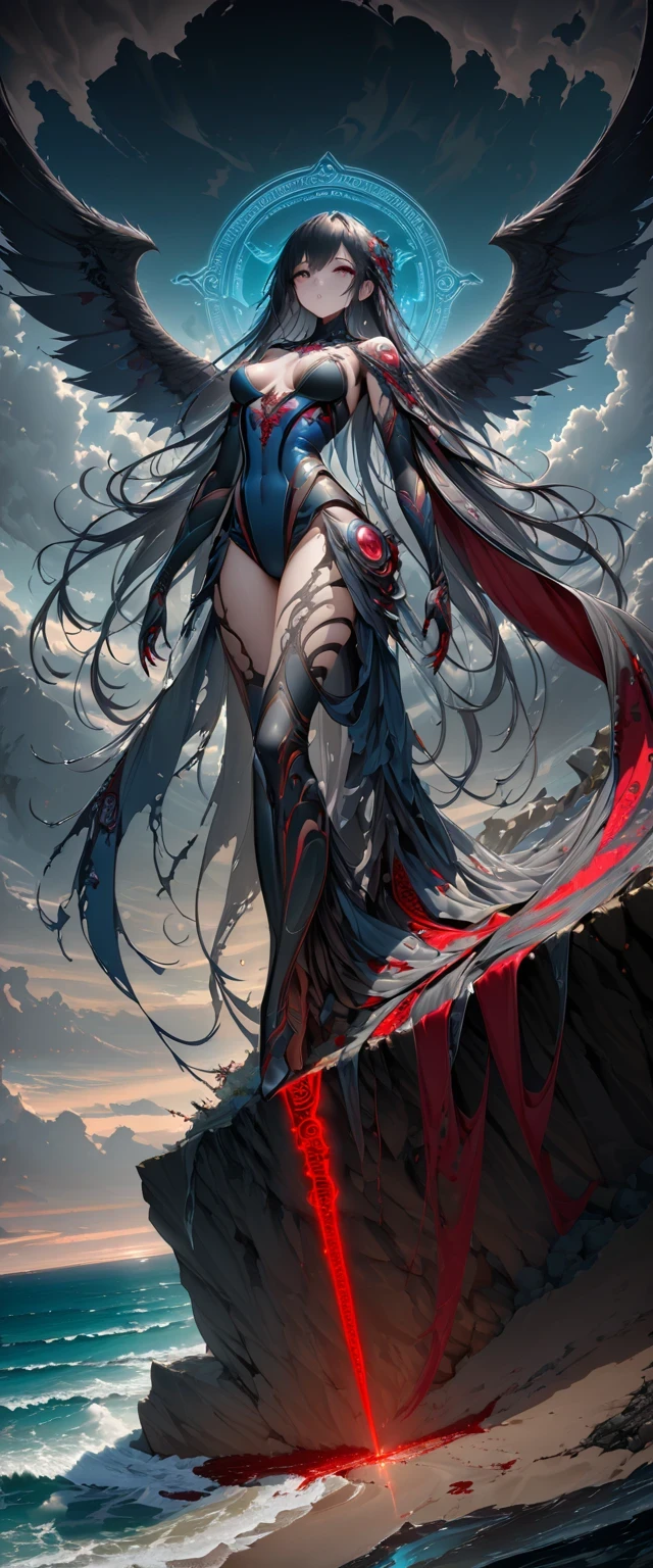 Black、White、Blue and Red,(best quality, Ultra Detailed, high resolution, Extremely detailed CG),Wide-angle lens,Dead angel standing on the edge of a cliff,She is very pretty,She likes blood and the ocean,Blood Rain, mystery,Fanatic, magic circle, Surreal,fine