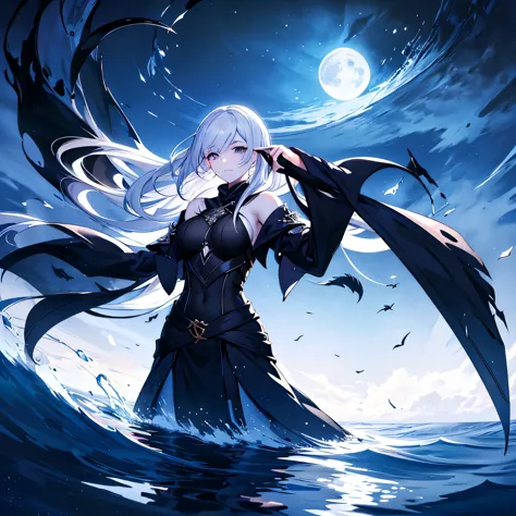 Moon, tall and wise woman, shrouded in mystery, gracefully stood on the endless shore of the black ocean. Her pale silhouette wa...