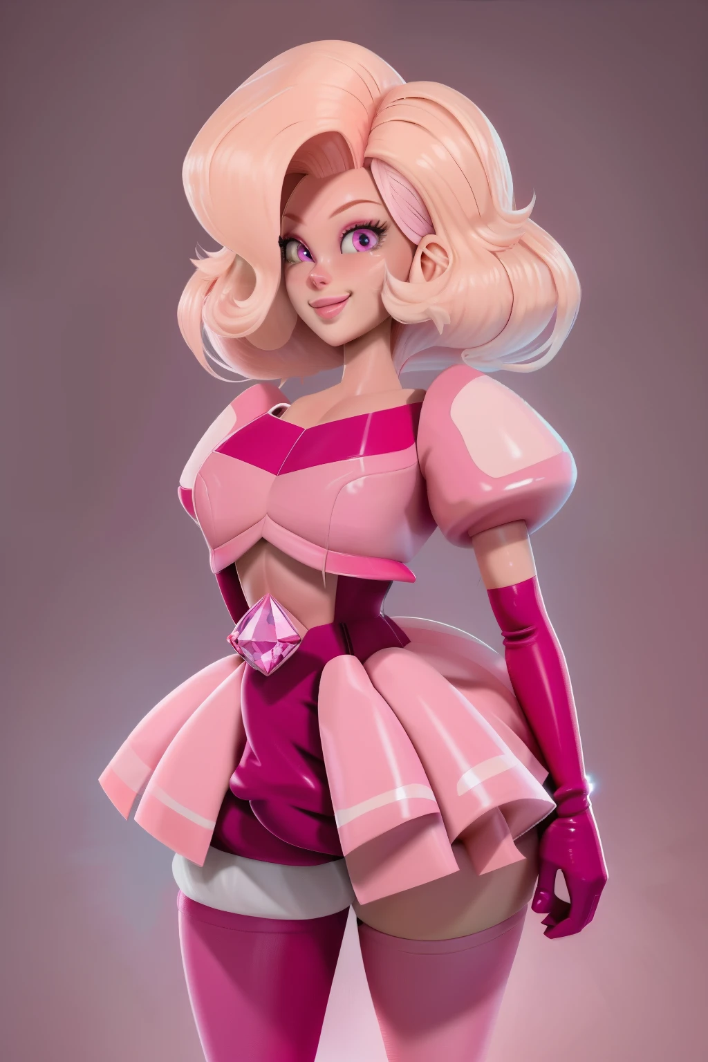 pnkdamond, pink hair, pink eyes,  big hair,  stomach gem,  pink skin,  toned, 
puffy short sleeves, elbow gloves ,  white thighhighs,   puffy dress, 
standing, upper body, 
 outerspace,  
(insanely detailed, beautiful detailed face,beautiful detailed eyes, masterpiece, best quality) cinematic lighting,  smile, 
 