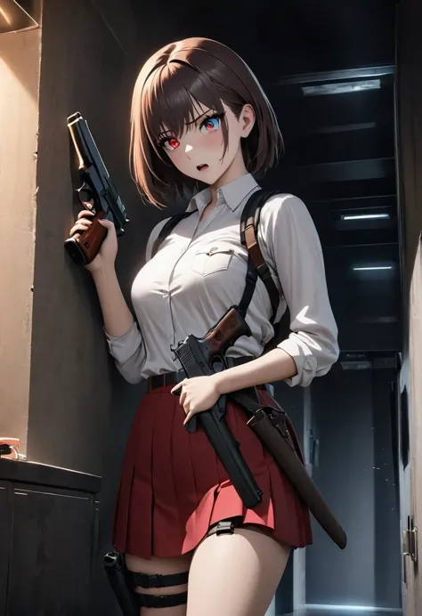 Anime Reality,Soft Light, masterpiece, best quality,high quality,Delicate face,1 Girl,whole body, permanent,In a dark room,
resident Evil, there is someone there, 1 Girl, Beretta 92, blue eyes, breast, skirt,hair behind ear, pistol, Heterochromia, Holding ...