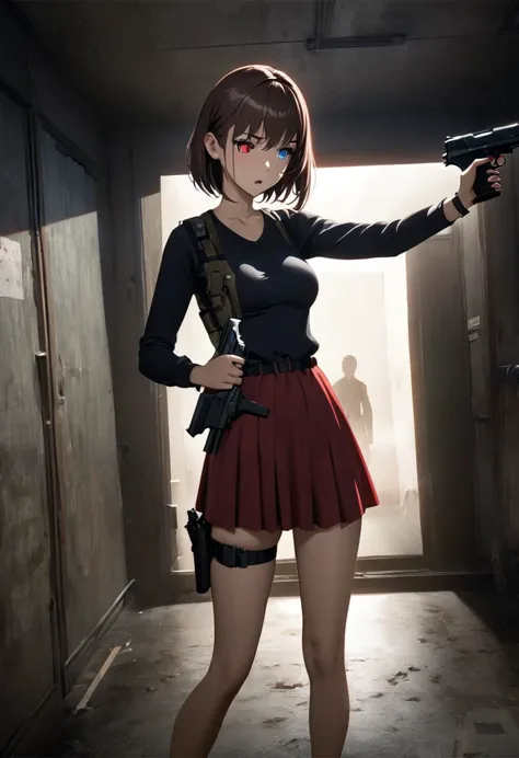 Anime Reality,Soft Light, masterpiece, best quality,high quality,Delicate face,1 Girl,whole body, permanent,In a dark room,
resident Evil, there is someone there, 1 Girl, Beretta 92, blue eyes, breast, skirt,hair behind ear, pistol, Heterochromia, Holding ...