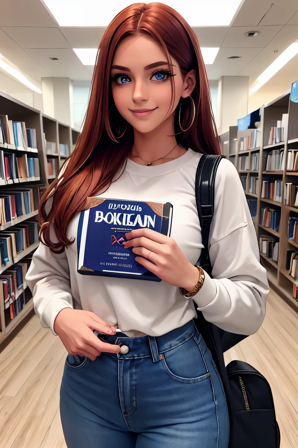 Caucasian woman, 20 years old, hair with red highlights,blue eyes, makeup, big eyeliner, painted nails, friendly and kind smile, background, library, holds book in hand, blue sweatshirt, bracelet, backpack on back, used jeans ​, school tennis, calm body expression, different poses, detalhe nos olhos, olhos realistas, rosto detalhado bem feito
