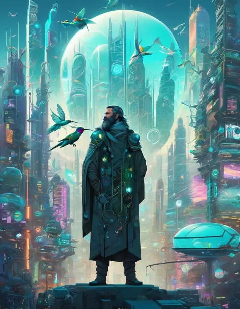 One with a beard、Man with futuristic look standing in front of city, By Mike "Bepple" Winkelmann, Portrait of a digital shaman, ...