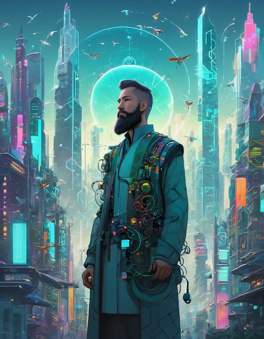 One with a beard、Man with futuristic look standing in front of city, By Mike "Bepple" Winkelmann, Portrait of a digital shaman, Mixed style beeple, Hummingbird Artwork, beeple 和 jeremiah ketner, 8 0 Style Thomas Allen Koppela, Greg Beeple