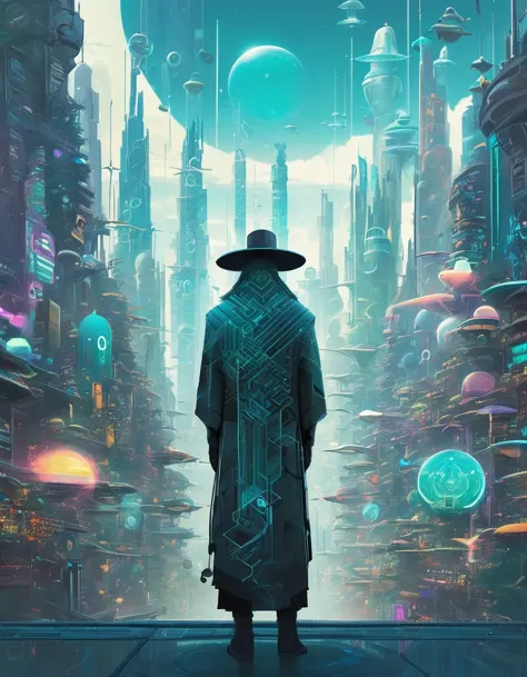 One with a beard、Man with futuristic look standing in front of city, By Mike "Bepple" Winkelmann, Portrait of a digital shaman, ...