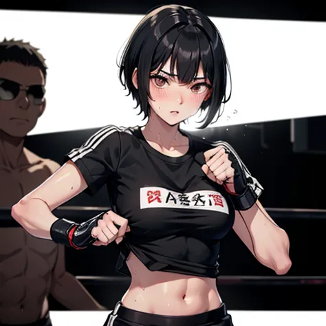 Cute Japanese high school girl with short-cut black hair. She practices counter-punching at a mixed martial arts gym. Very sweat...